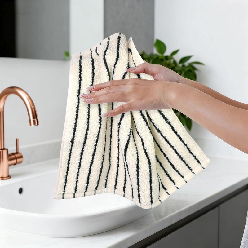 Jacquotha Striped Cotton Washcloths 12 Pack, 13” x 13” - Soft Wash Cloths for Bathroom, Kitchen, Gym, Face, Black and Cream