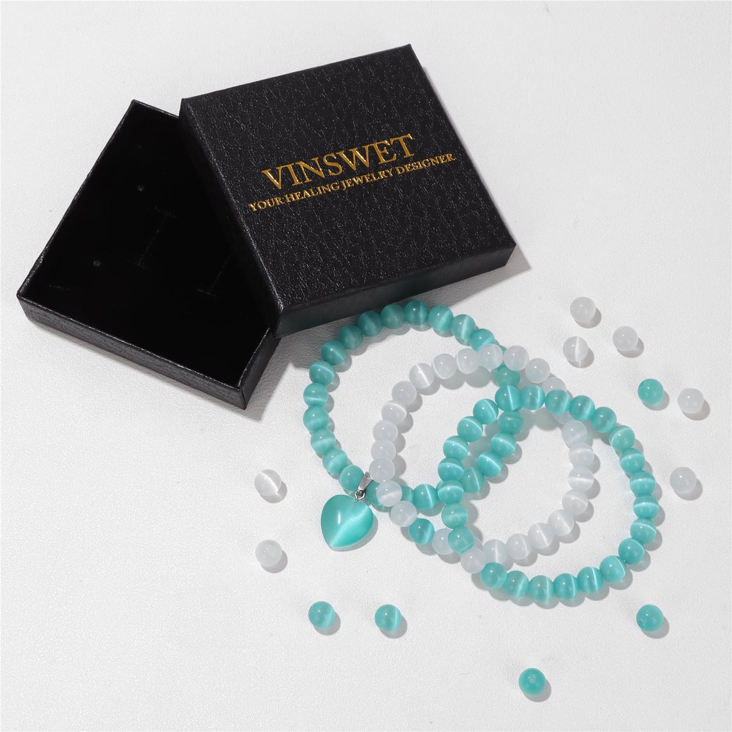 Vinswet Healing Crystal Beaded Bracelets for Women,Natural Amethyst Moonstone Gemstones Bracelet,Anxiety Stress Relief Heart Charm Bracelet Handmade purple Jewelry Gifts for Women (3pcs) (White Cat Eyes&green Cat Eyes)