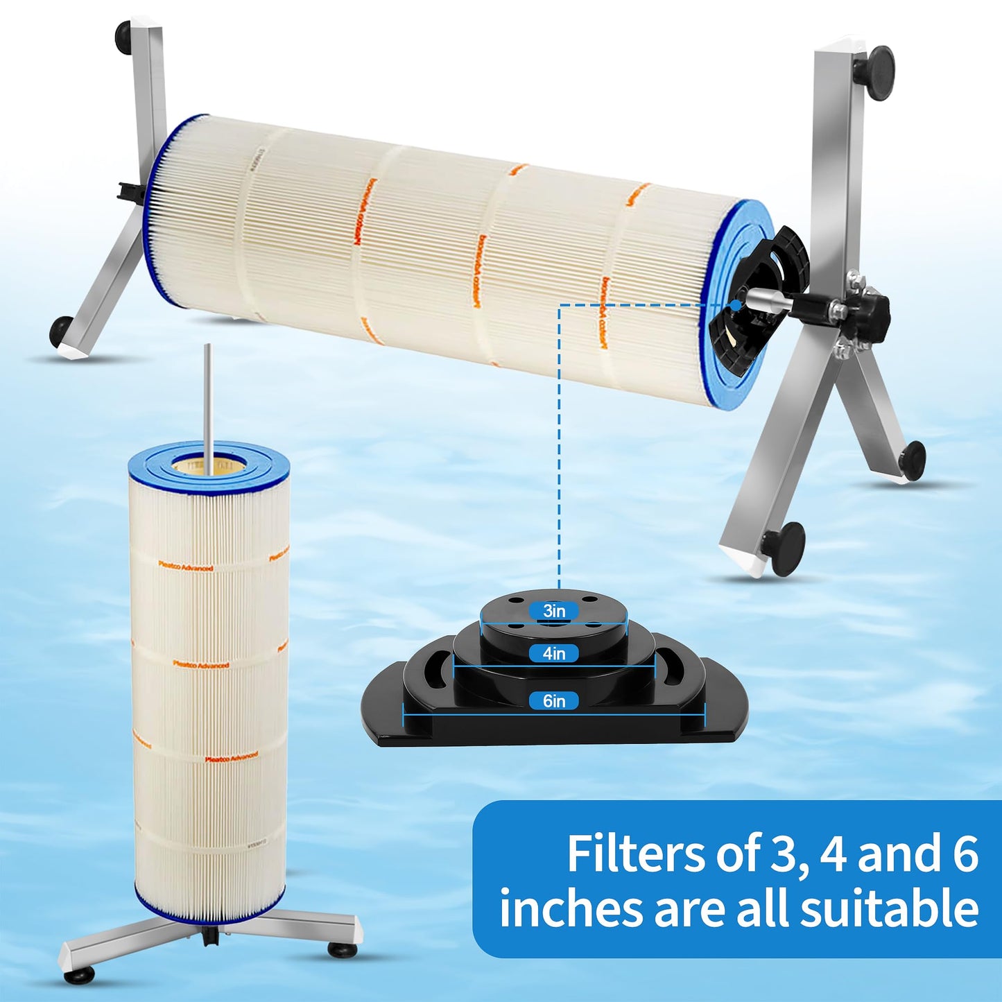 Pool Filter Cleaning System and Cleaner Stand Solid Aluminum Shaft- Compatible with 3,4,and 6 Inch Filter Cartridges,Dual Use Stand Design for Vertical & Horizontal