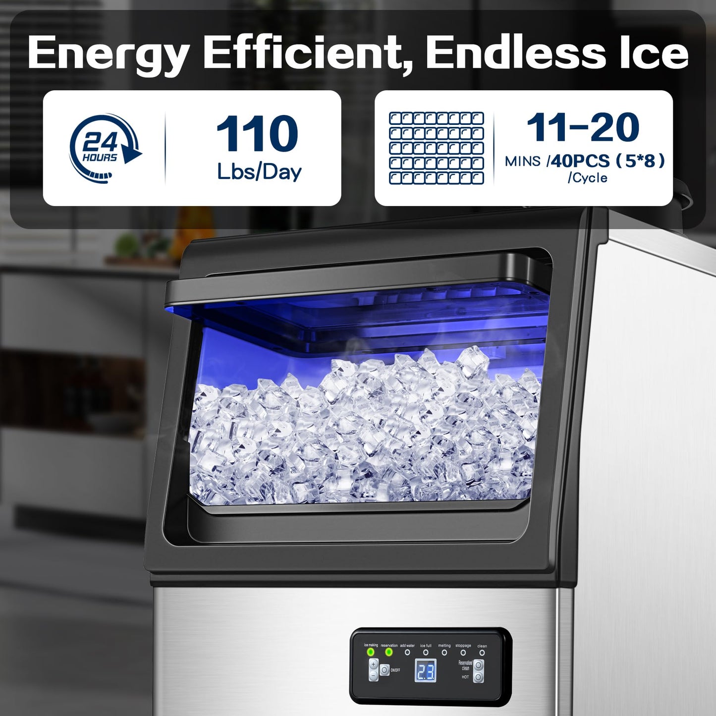 Zomagas Commercial Ice Maker Machine 110LBS/24H, Undercounter or Freestanding Ice Machine with 22LBS Storage Bin, Stainless Steel Self-Cleaning for Home, Bar, Restaurant, Coffee Shop