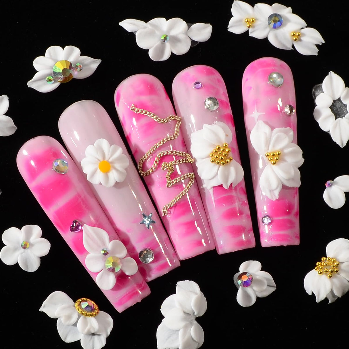 BAIYIYI 30pcs 3D Pure Handmade Acrylic Flowers Nail Charms with Rhinestones Wedding Festival Nail Art Spring Summer Nail Decoration White Flowers Charms DIY Suitable for Women Girls Gifts (01)
