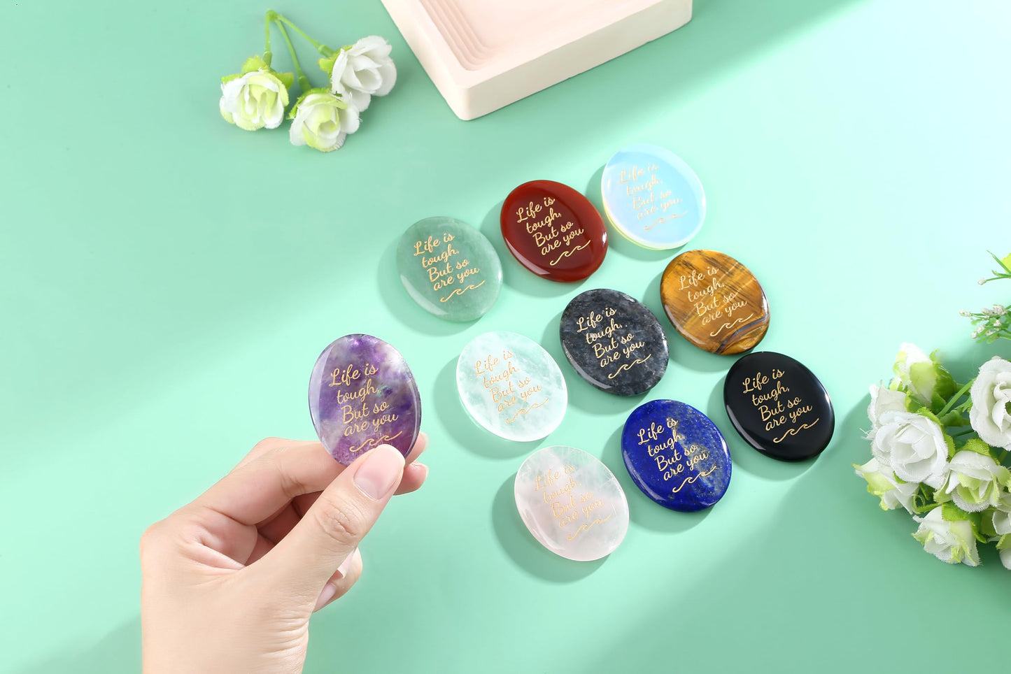 NUKAYAI Inspirational Gifts Worry Stone Rose Quartz Crystals Healing Stones Tiny Palm Natural Mental Health Stress Relief Depression Gemstones Reiki Fidget Trinket Anxiety Relief Items for Women Men