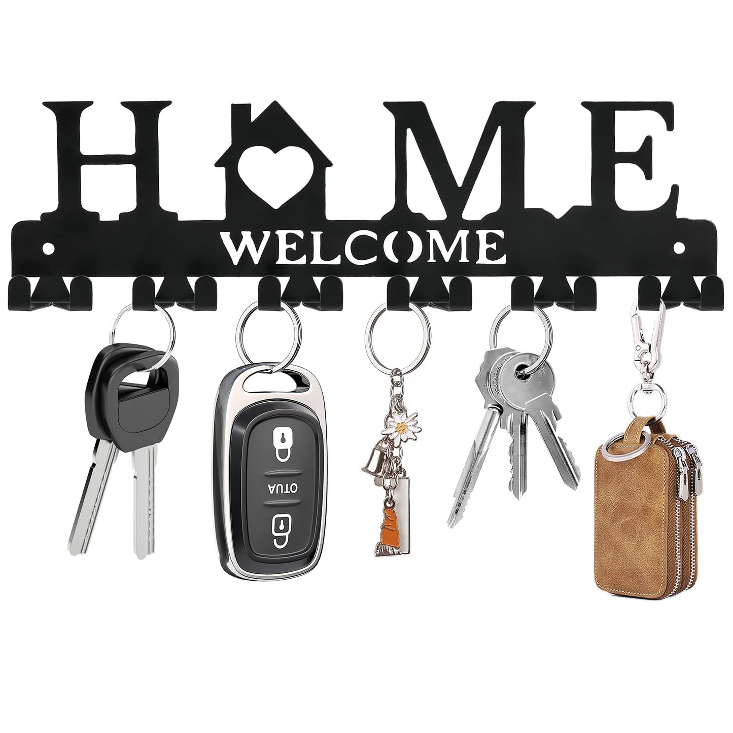 Key Holder Wall Mount, Adhesive Metal Key Hanger with 6 Double Hooks, 2 Installation Methods, Black