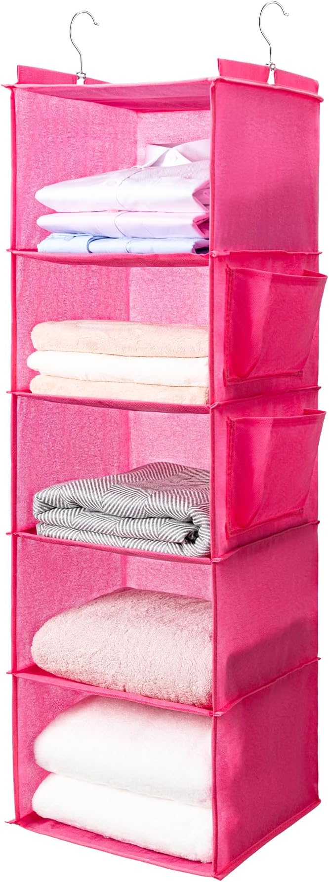 BOOMIBOO Hanging Closet Organize and Shelvesï¼5-Hanging Shelf with 2 Side Pocketsï¼Storage Foldable ï¼Pinkï¼