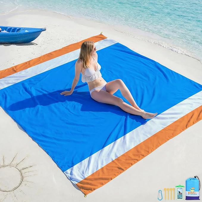 BYDOLL Beach Blanket 78''Ã81'' 4-7 Adults Oversized Lightweight Waterproof Sandproof Beach Blanket Large Picnic Mat for Travel Camping Hiking Picnic