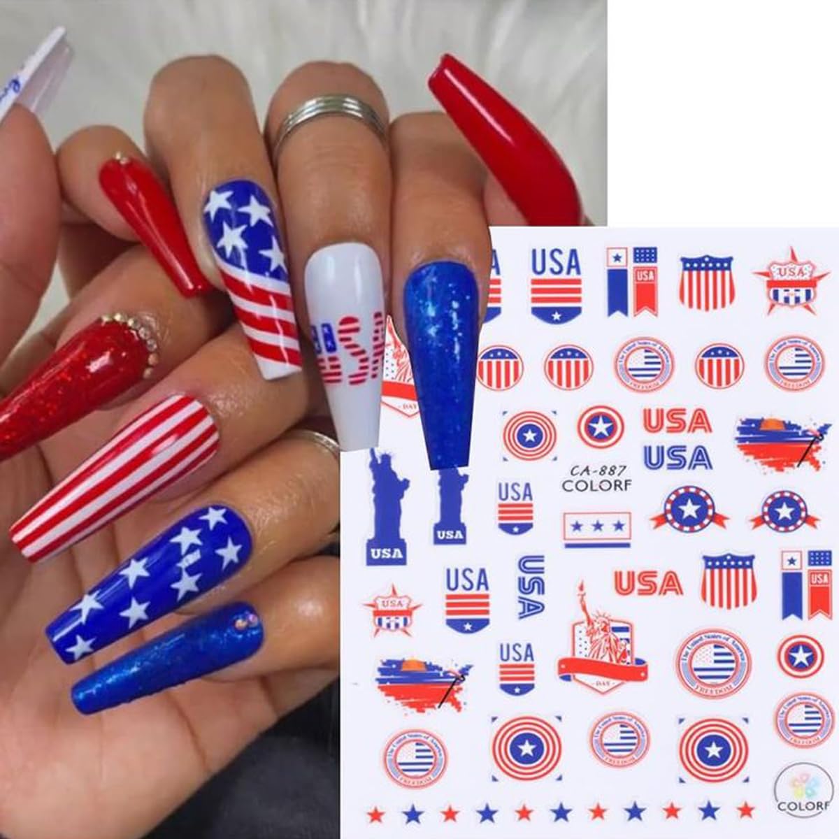 6Pcs Independence Day Nail Stickers for Nail Art - Celebrate 4th of July Nail Decals 3D Self-Adhesive USA Flags Heart Star Bow Eagle Design Firework Sticker for Memorial Day DIY Patriotic Nail Decor