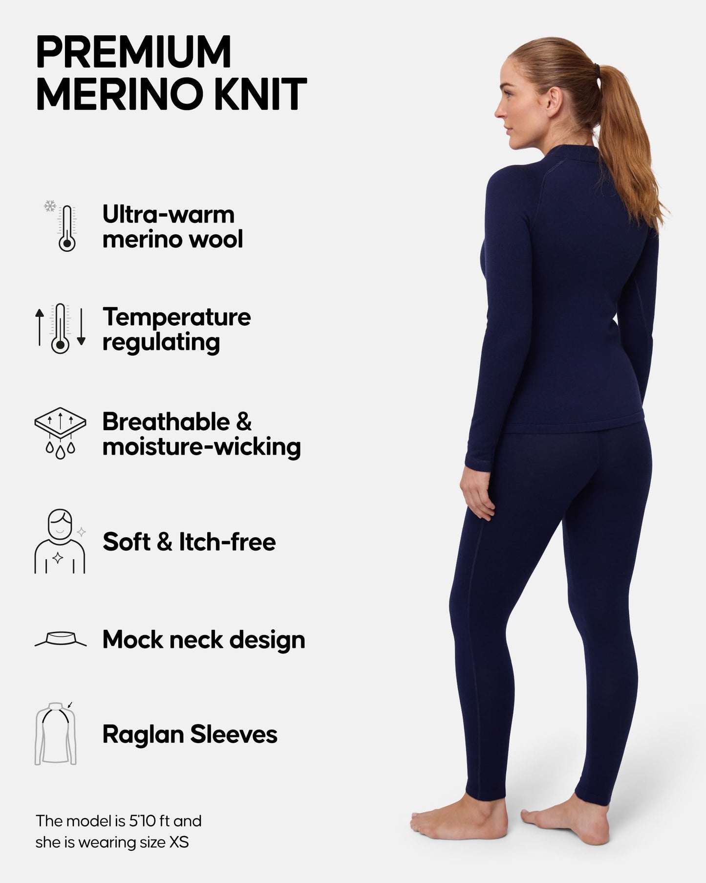 DANISH ENDURANCE Merino Wool Base Layers Women, Women's Thermal Sets for the Extreme Cold, Dark Navy, Large