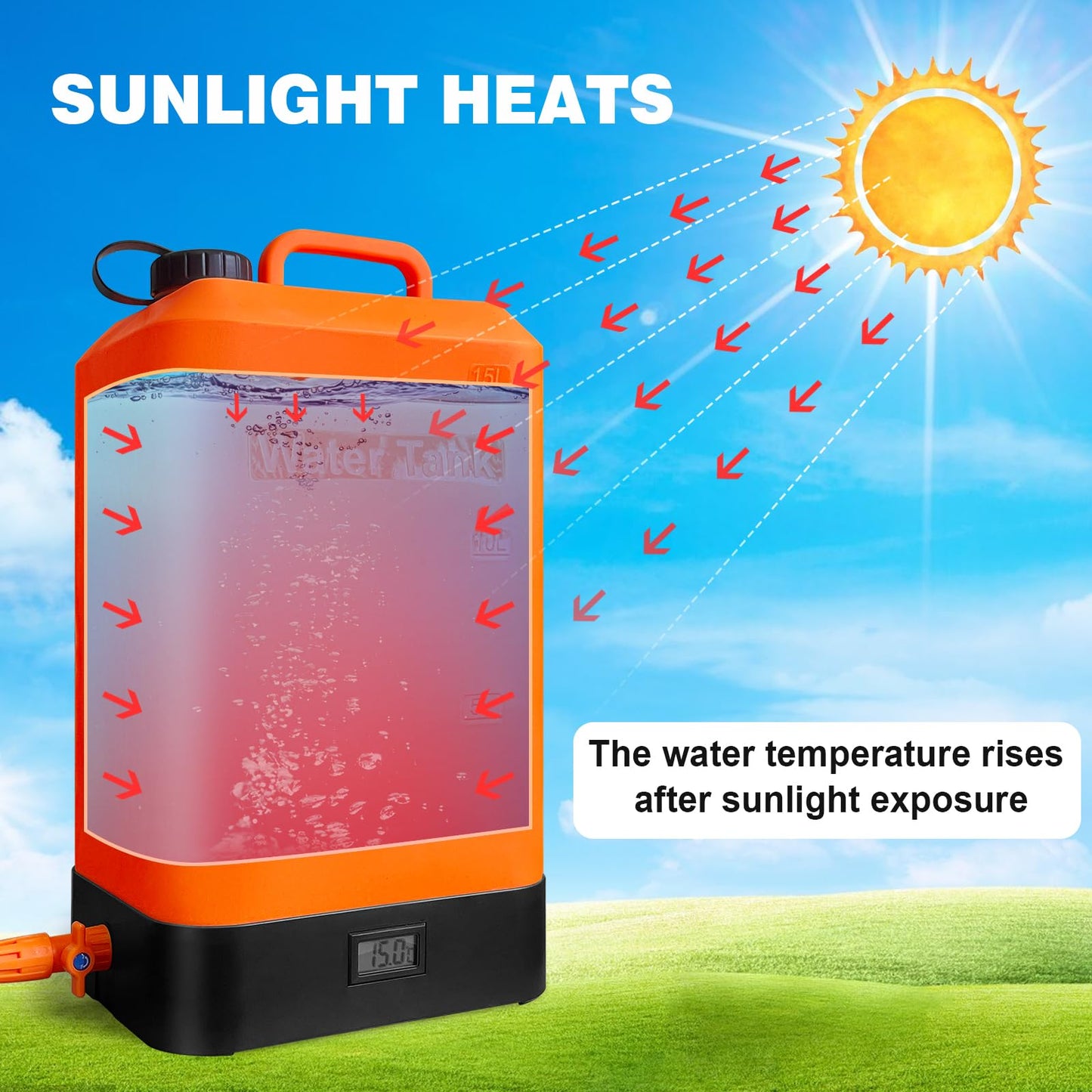 B. TAWD 4.5 Gallon Silicone Water Tank, Portable Camping Shower, USB Battery Charging, Solar Heating, with Shower Head, Electric Portable Outdoor Shower, Built-in Thermometer, Beach, Camping, Hiking
