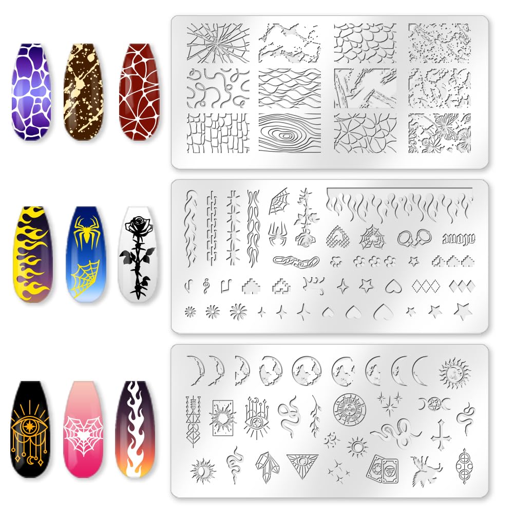 beinkmake 3Pcs Punk Nail Stamping Plate Set Snake Heart Maniology Stamping Plate French Line Tip Nail Plates Flames Star Stainless Steel DIY Reusable Tools with Stamper Scraper for Manicure Printing