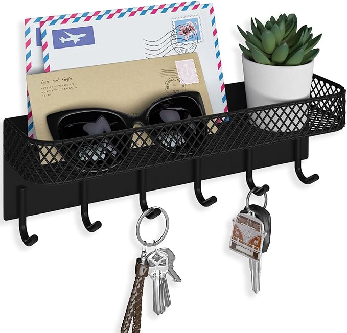 Lwenki Key Holder for Wall â Decorative Stainless Steel Key Hanger with 6 Hooks for Hats, Bags, Leashes â Mail Holder Key Rack with Mounting Hardware and Guide (9.65â x 2.8â x 2.2â) (Black)