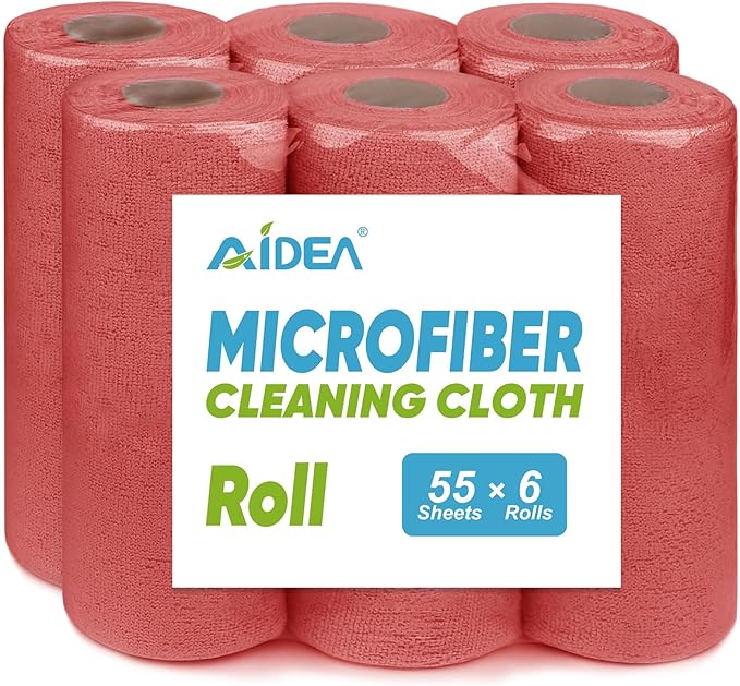 AIDEA Microfiber Cleaning Cloth 330 Sheets(6 Roll), Microfiiber Cloth for Cleaning Car, Reusable Paper Towels, Red Shop Rags Microfiber Towels for Automotive, Mechanic, Workshops, House-11Ã9"