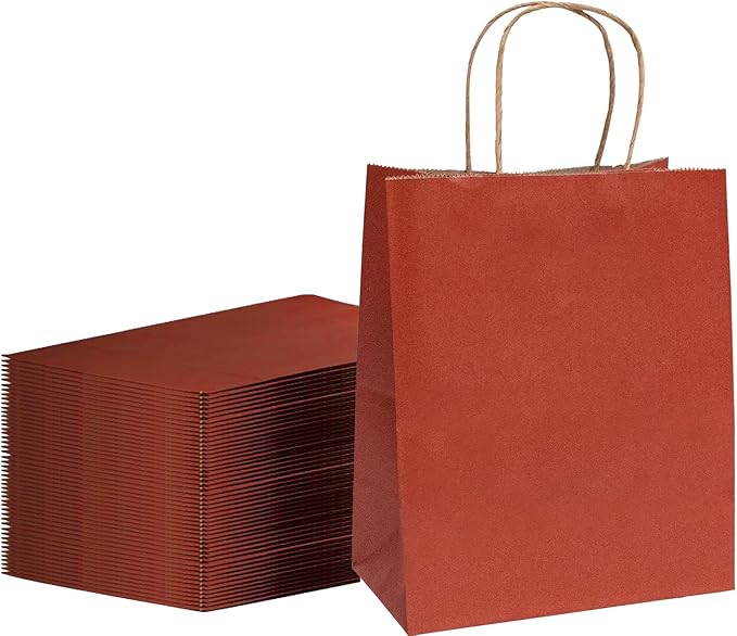 FACEBAG 100-Pack Red Paper Bags with Handles Bulk,8x4.25x10.5 Inch Gift Bags, Red Kraft Paper Bags, Applicable to Retail, Party, Shopping, Festivalï¼Reusable & Durable