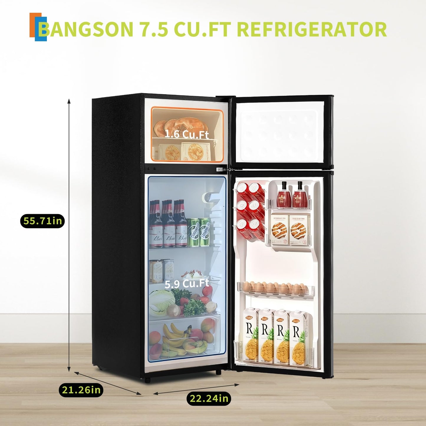 ExploreHorizon 7.5 Cu. Ft. Compact Refrigerator | Two Door Mini Fridge with Energy-Efficient & Quiet Operation | for Dorm, Office, Bedroom, Kitchen, Bar Use with Adjustable Shelves