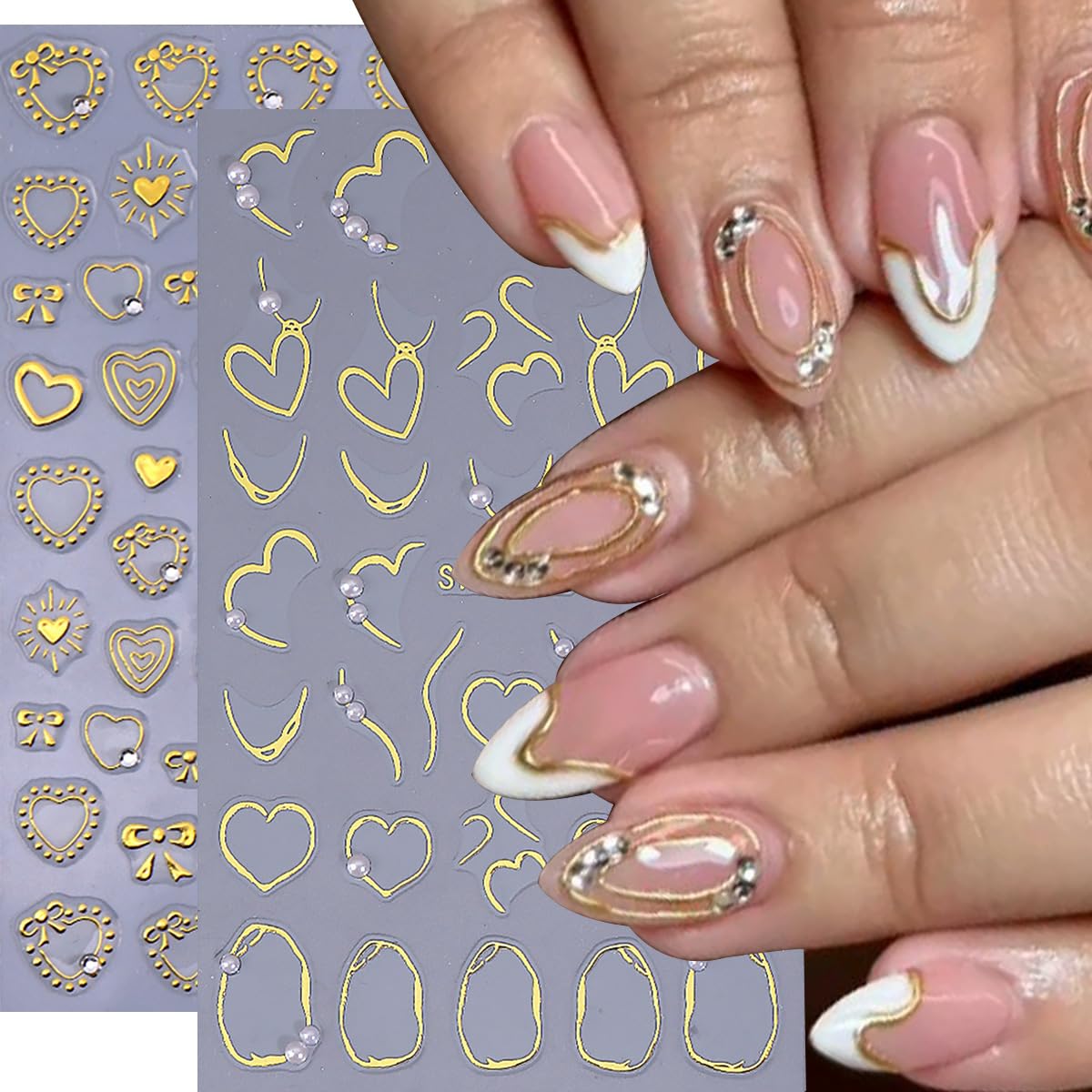 2 Sheets Heart Nail Art Stickers Gold Gliding Bow Nail Decals 3D Glitter Pearl Rhinestones Design Nail Stickers Self-Adhesive Romantic Heart Nails Art Decoration for Women DIY Acrylic Manicure