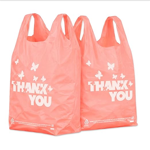 PINK Thank you bags, 200PCS T shirt bags, To Go Bags,Grocery bags, Reusable and Disposable,Perfect for Small Business,Take Out,Retails,11 inchx6 inchx21 inch(200),Large