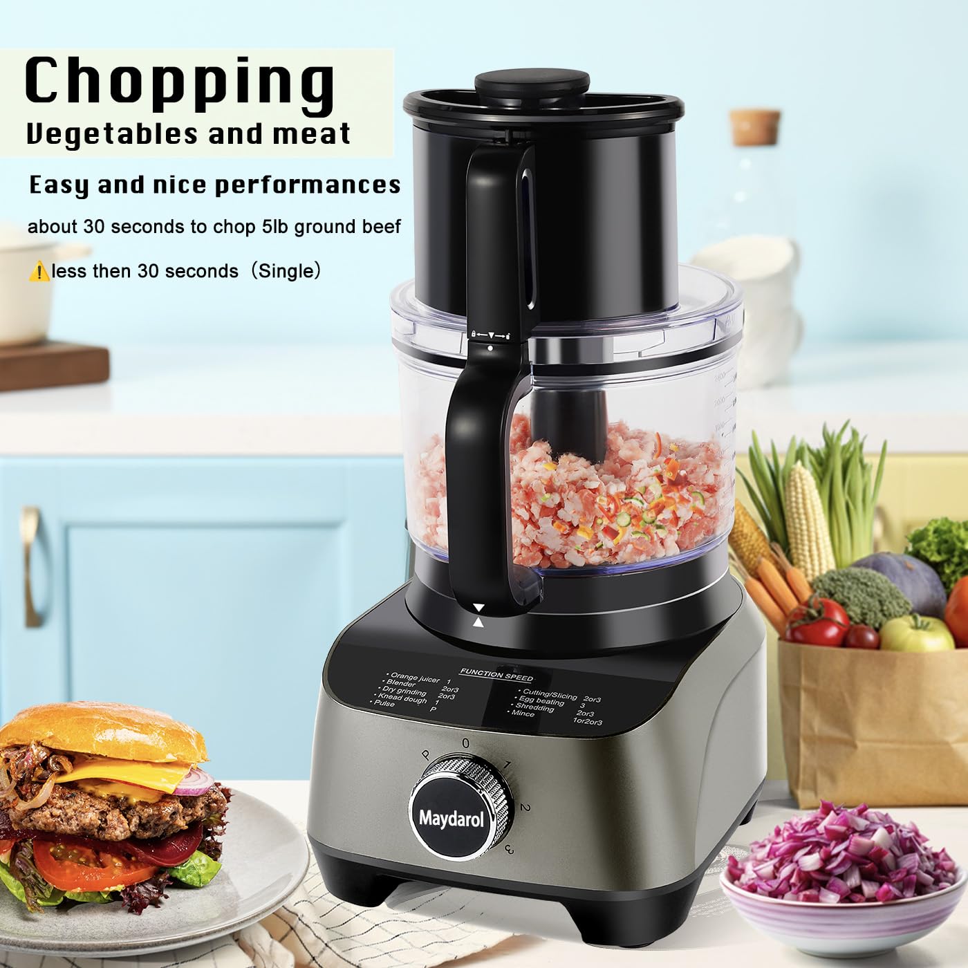 Maydarol 14 Cup Food Processor, French-Fry-Cutter, Blending, Mixing, Shredding, and Slicing, Meat and Vegetable Chopping, Doughing for Home Use, Mincing, and Pureeing,4 Speeds,600W