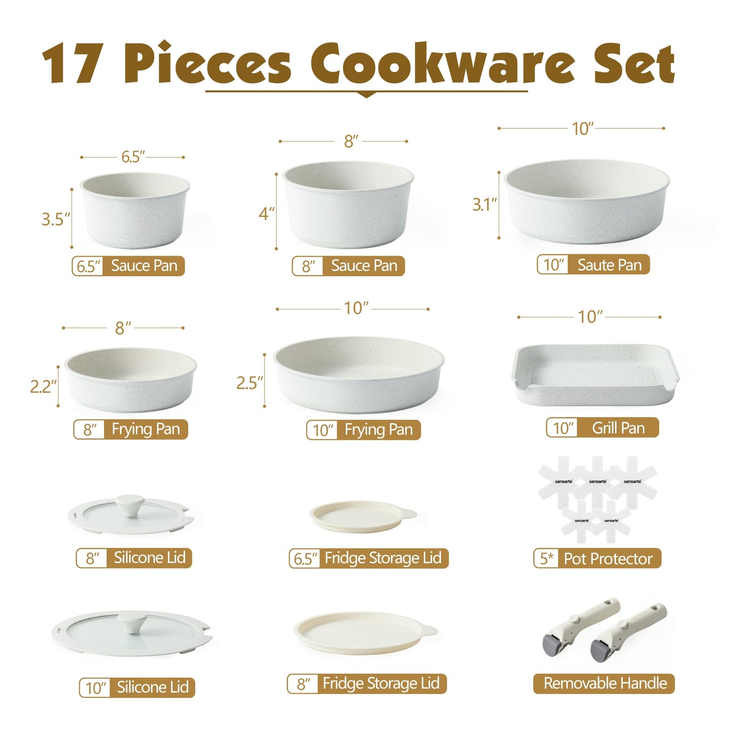 SENSARTE 17 Piece Pots and Pans Set, Nonstick Detachable Handle Cookware Set, Induction Kitchen Cookware Set with Removable Handle, Healthy Non Stick for RV, Dishwasher & Oven Safe, PFOA Free (White)