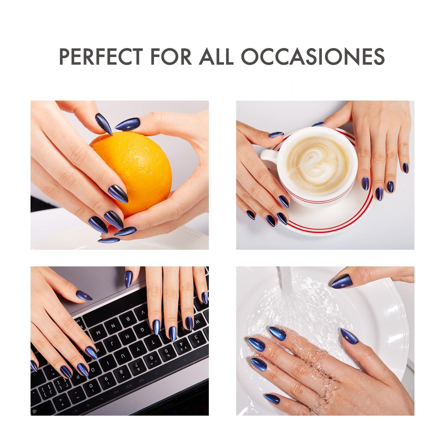 VSALON Press on Nails Almond - Deep Blue Cat Eye & Ombre Lavender Cat Eye French Tip