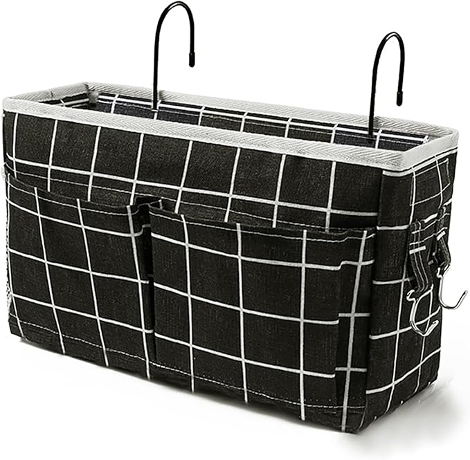 Bedside Caddy Bedside Hanging Storage Basket Multi-Function Organizer Caddy for Bunk and Hospital Beds Dorm Rooms Bed Rails, Can be Placed Glasses Books Mobile Phonesï¼Black Gridï¼