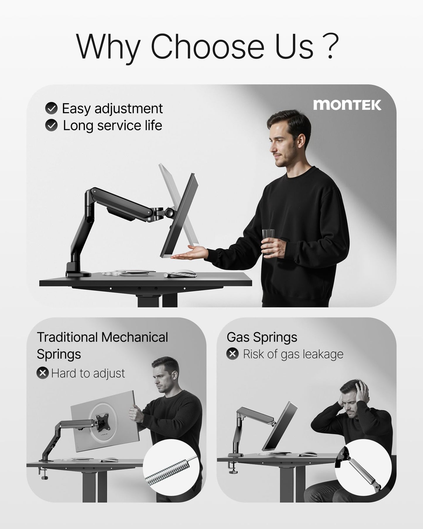 monTEK Deluxe Monitor Arm up to 40 Inch Holds 26.4 lbs Curved Screens Aluminum Fully Motion Adjustable Single Monitor Stand with Clamp/Grommet Desk Mount, Quick Release Plate,75/100mm VESA