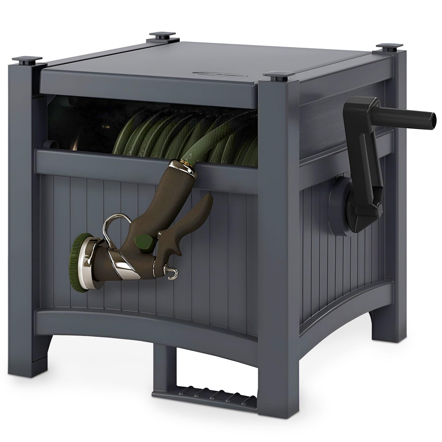 Suncast Garden Hose Hideaway Storage Reel Box, Cyberspace Grey â Resin Outdoor Container, Holds up to 100 Feet of 5/8 Inch Standard Vinyl Water Line â No Assembly Required