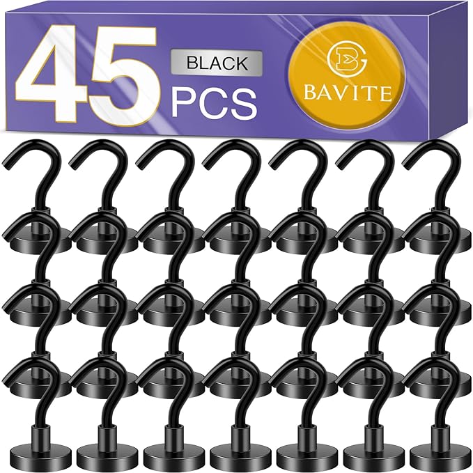 E BAVITE Magnetic Hooks, Strong Magnet Cruise Hook for Hanging, Grill, Towel, Home, Kitchen, Workplace, Office and Garage - 45 Packï¼Blackï¼