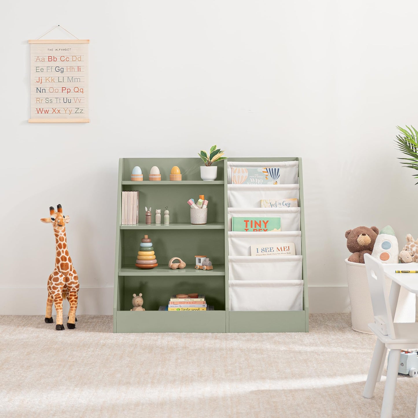 Comfy Cubs Kids Bookshelf 35.2 x 15.7 x 31.5 Inches - Sturdy MDF Montessori Book Shelf with Soft & Hard Shelves for Toys & Books - Child-Friendly, Easy Access Storage Organizer for Kids - Sage