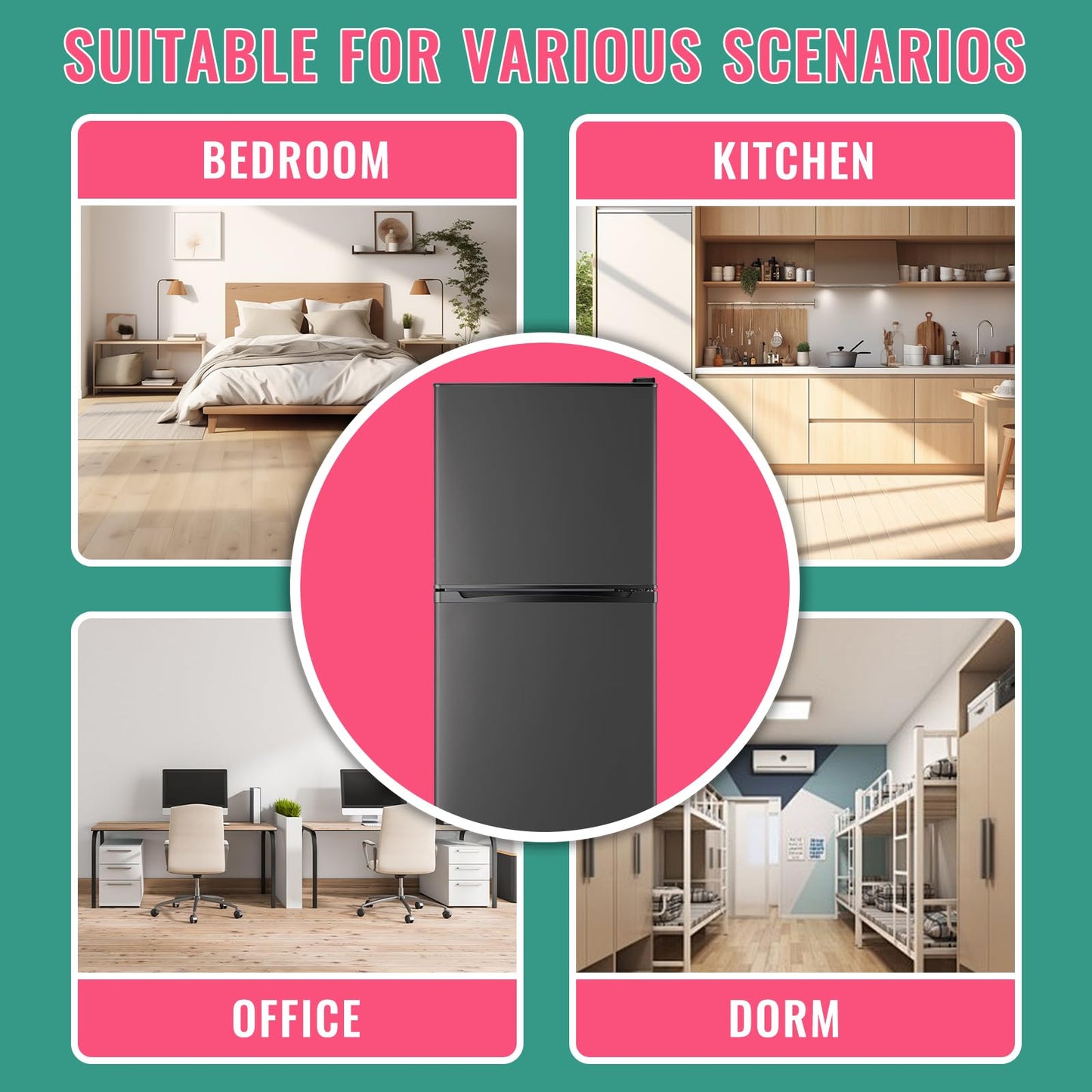 WANAI 5.0 Cu.Ft Fridge with Freezer, Dual Door Refrigerator with 7 Settings Temperature Adjustable, Small Fridge for Office Apartment and Home, Dark Gray