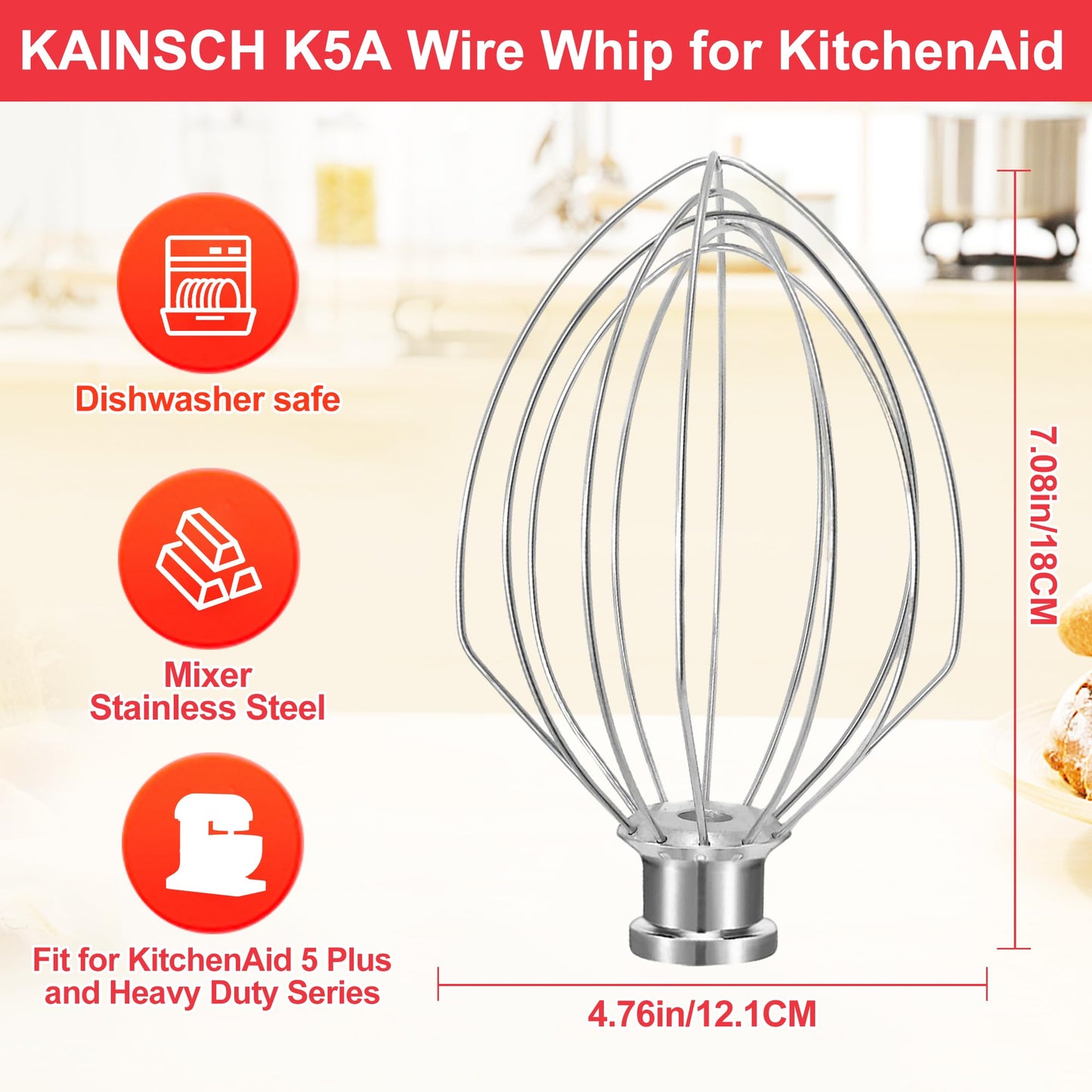 K5A Stainless Steel Whisk for KitchenAid 5Qt Bowl Lift Stand Mixer,6 Wire Whip Attachment for K4 K5 K5SS, KSM5, KG25, KP50, KSM6573, KSM6521, 18/8 Stainless Steel,Heavy Duty,Dishwasher Safe