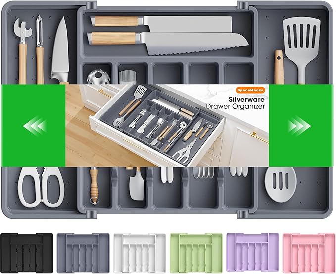 SpaceHacks Silverware Organizerï¼Adjustable & Expandable Utensil Drawer Organizer, BPA Free Utensil Holder, Cutlery Tray for Forks, Spoons, Knives in Kitchen, Large, Grey