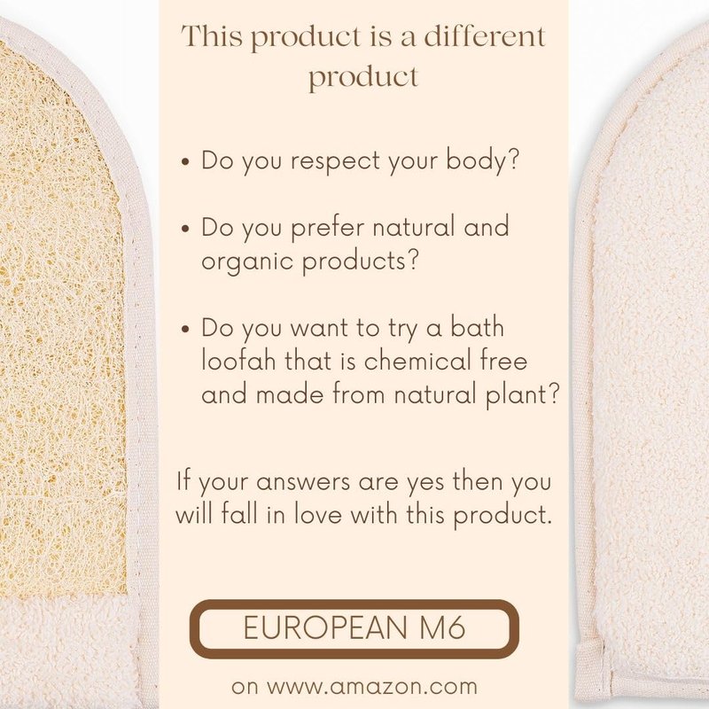 European M6 Loofah Exfoliating Body Scrubber Mitt – Dual-Sided Natural Egyptian Luffa Glove for Shower & Bath | Large Size Organic Loofah Sponge for Deep Body Cleansing | for Women & Men