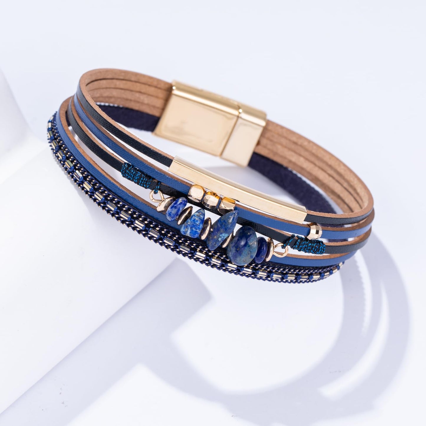 Becklynn Boho Gemstone Beaded Leather Wrap Bracelets Stackable Chunky Cuff Bracelet Western Jewelry Hippie Cowgirl Cowboy Accessories Country Concert Outfits for Women(Navy Blue)