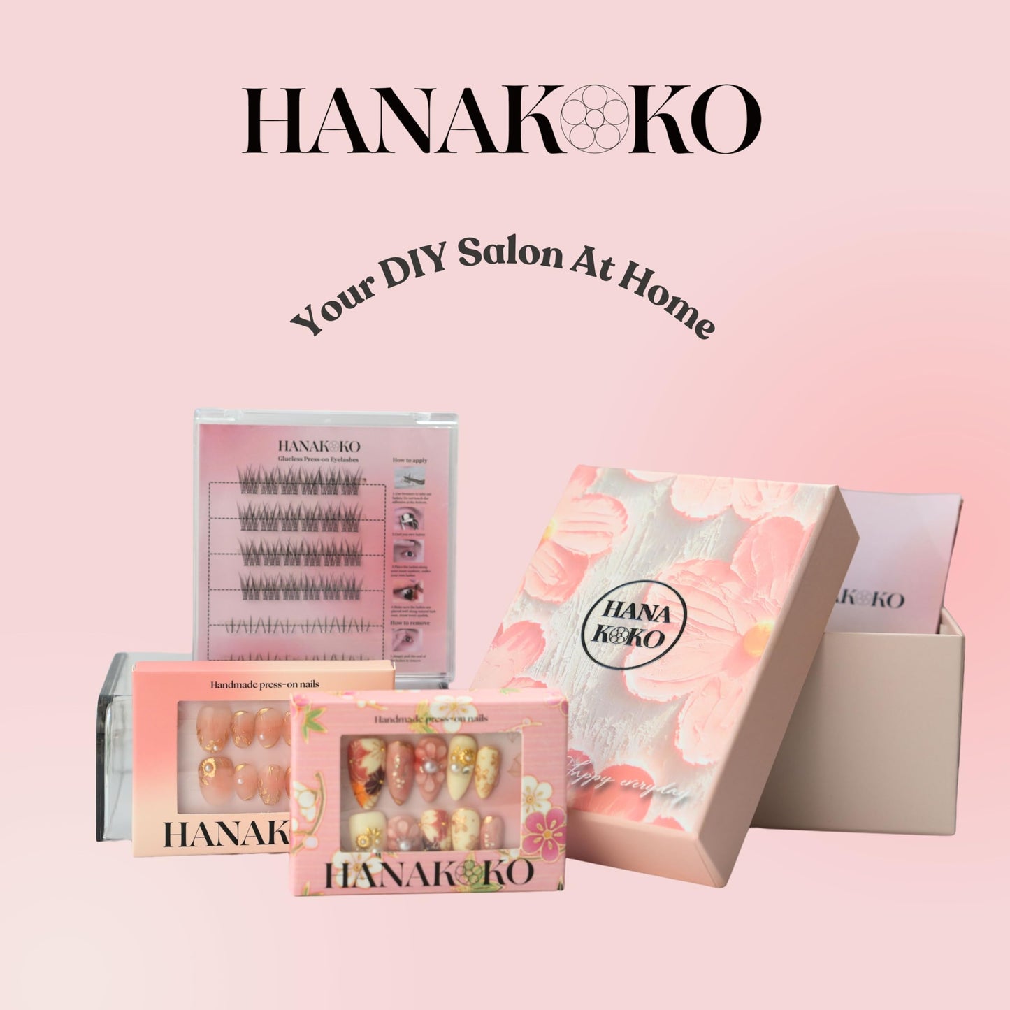 Hanakoko Handmade Press-On Nails, Floral Designs with Glitter and Pearls, Coffin Shape Press-on Nails Reusable 10 Pcs (French Spring, M)