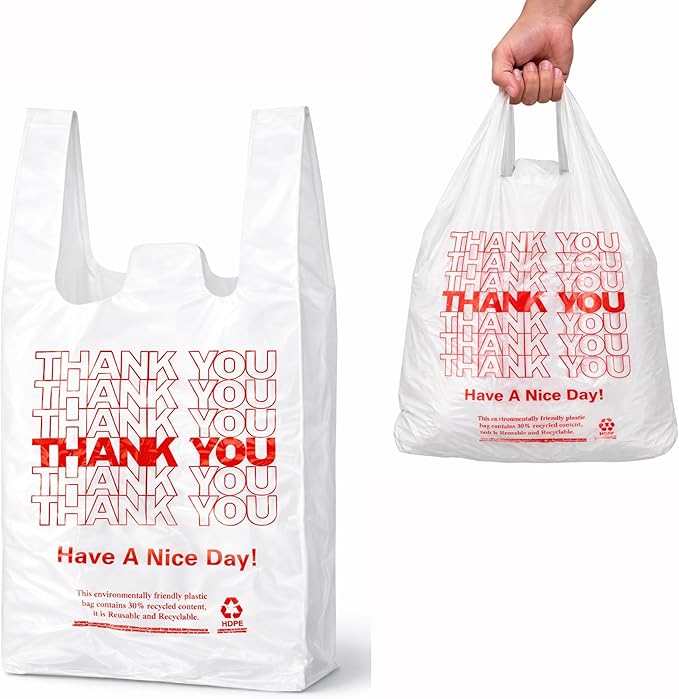 YoYoRain White Thank you T shirt bag, Grocery shopping bag Reusable and Disposable Supermarket Bag 11''x6''x21'' 200PCS