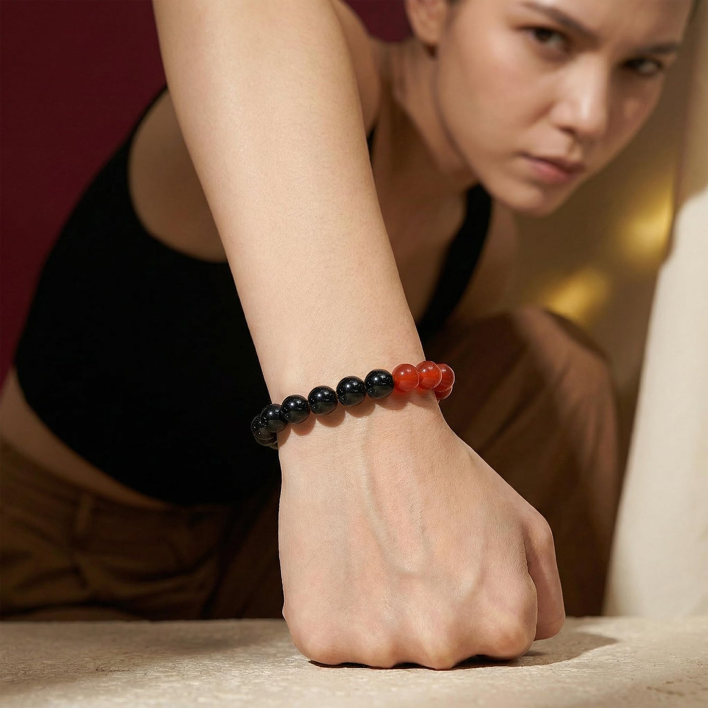 Bivei Self Confidence Bracelet, Strength Crystal Healing Bracelet 8MM with Red Agate & Black Tourmaline & Tiger Eye - Spiritual Stretch Beaded Jewelry for Women Men Gift