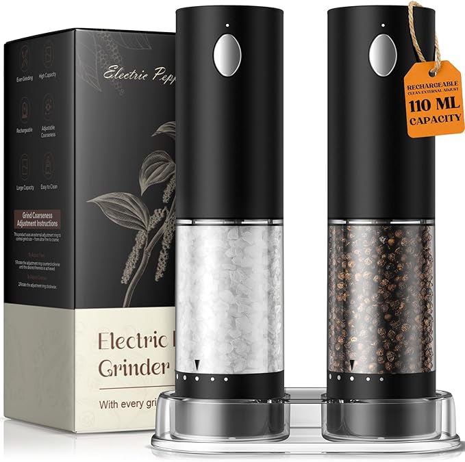 Electric Salt and Pepper Grinder Set, Rechargeable Automatic Salt and Pepper Shaker with 6 Adjustable Coarseness, Large-Capacity Pepper Mill Kitchen Appliances Gifts for Women(Blackï¼