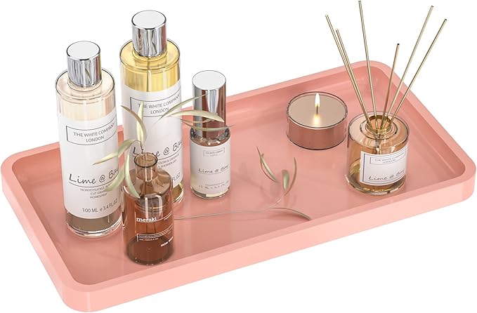 Bathroom Vanity Tray for Countertop - Bamboo Organizer Tray for Dresser Tops, Toilet, Perfume Small Decorative Tray Wood Tray for Home Decoration 11.81â L x 6.1â W x 0.79â H (Pink)