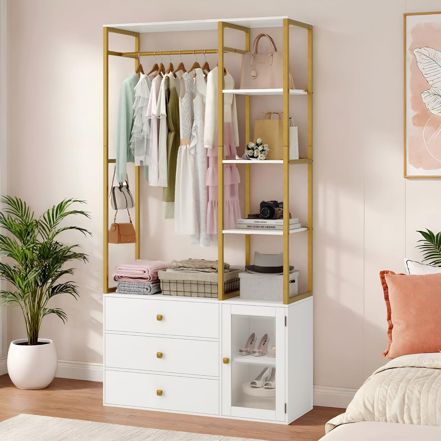 BOTLOG Closet System Organizer, 81.3” H Wardrobe Closet with 3 Wooden Drawers, Clothes Rack with Hanging Rods, 4 Tiers Shelves, Metal Frame, White and Gold