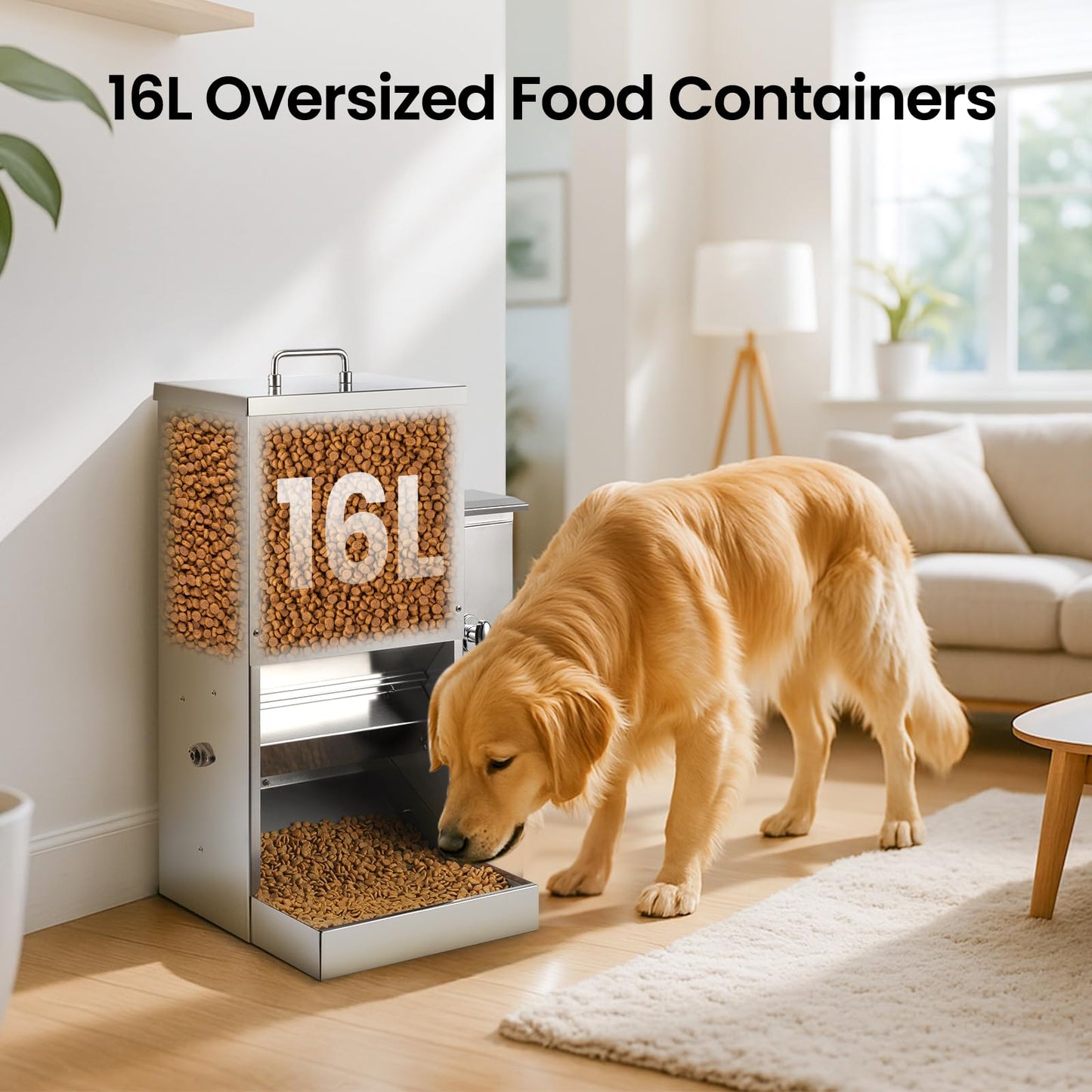 PiCOOP 16L Dog Automatic Feeder for Large Pet Stainless Steel Dog Feeder with Timer, Wall-Mountable, Rodent-Proof, Extra-Large Tray for Large Pet