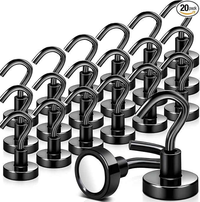 MAGXCENE 20 Pack Magnetic Hooks Heavy Duty, Strong Magnet Hooks for Cruise Refrigerator, Neodymium Magnets with Hooks for Grill Hanging Kitchen Tool Storage, Black