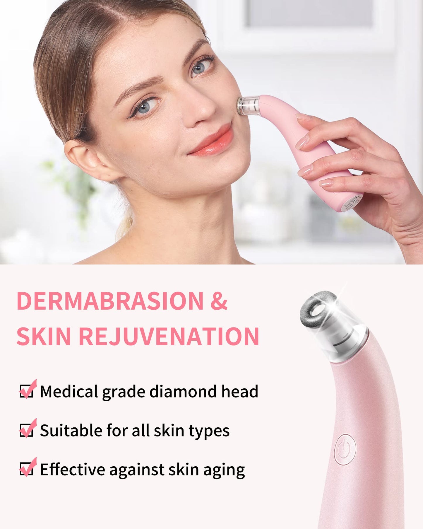 NEWDERMO 2-in-1 Microdermabrasion Machine for Facial, Diamond Microdermabrasion Device USB Rechargeable - Advanced Home Facial Treatment Machine (Pink)