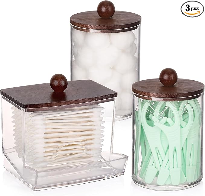 Tbestmax Qtips Holder Dispenser, 10 Cotton Ball/Swabs Storage Containers, Apothecary Jars for Bathroom Organizer Bambooo Lids