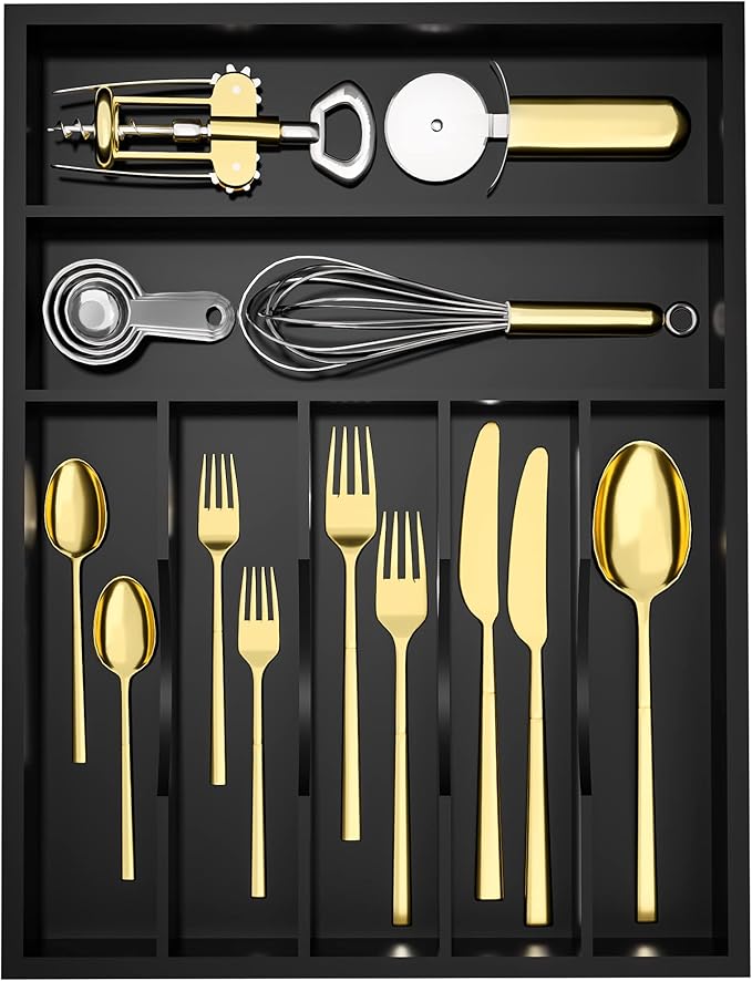 Utensil Organizer Silverware Drawer Organizer - 7 Slots Bamboo Silverware Tray For Kitchen Cutlery Office Supplies Makeup Desk Storage Garage Tool Organization W13âx L17â (Black)