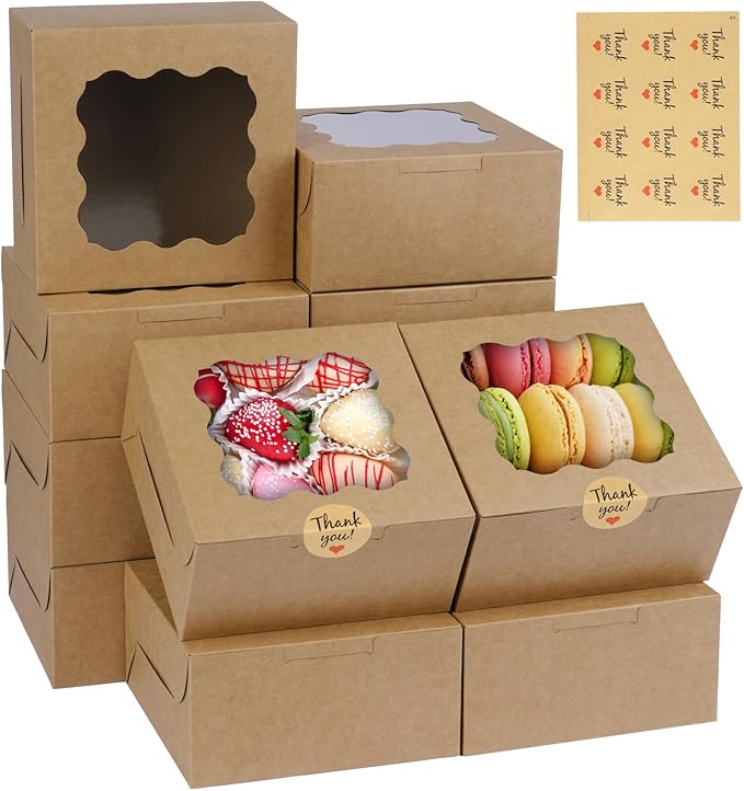 WINKIO 12 Pieces Cookie Boxes with Window, 6Ã6Ã3 Inches Treat Boxes for Bakery Dessert Pastry Mini Cake Favor Donut Baked Goods (brown, with Stickers)