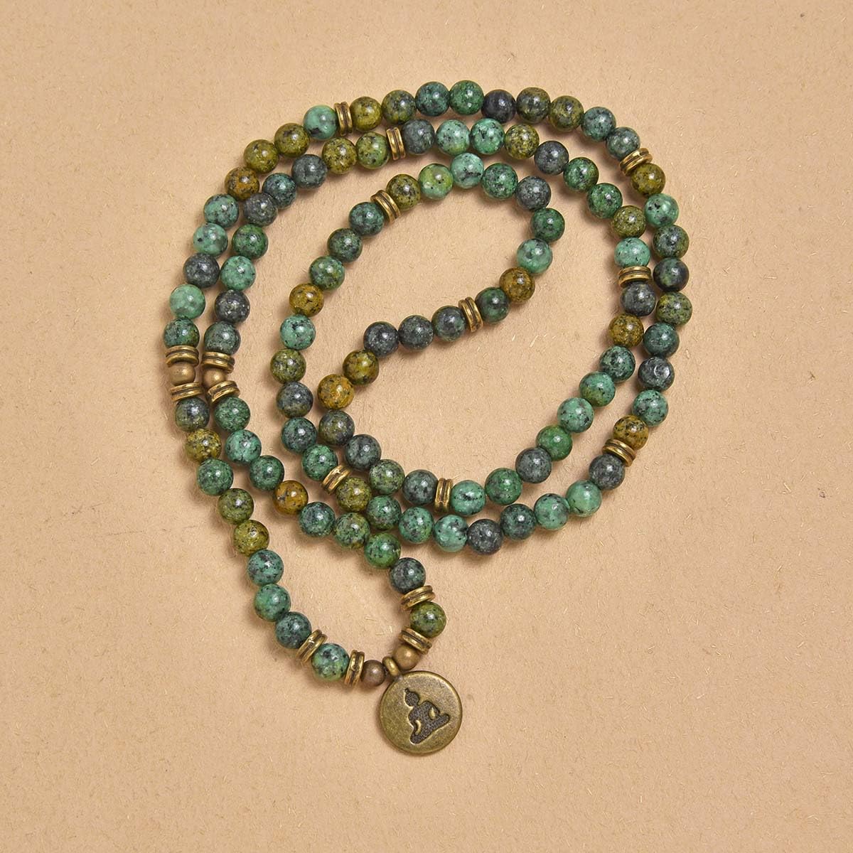 oasymala 108 Mala Beads Bracelet Necklace with Yoga Symbol Buddha Charm – Gold-Plated Meditation Jewelry, Healing Stone, Ideal Spiritual Gift for Yoga & Meditation (African Turquoise)