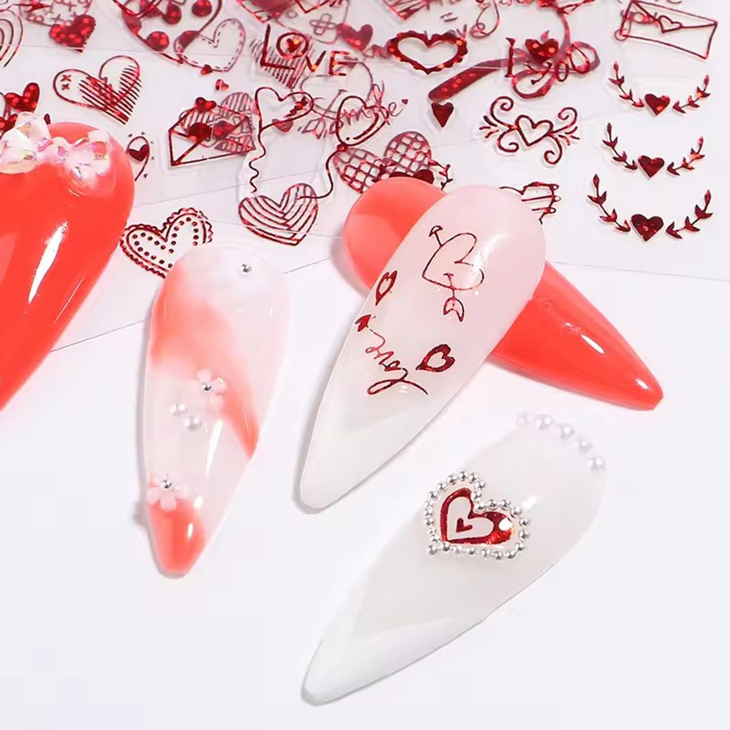 4Pcs Red Valentine's Day Nail Art Stickers - Love Heart Nail Decals, 3D Self-Adhesive Laser Red Hollow Hearts Glitter Designs for DIY 3D Nail Supplies Decoration Romantic DIY Manicure Accessories