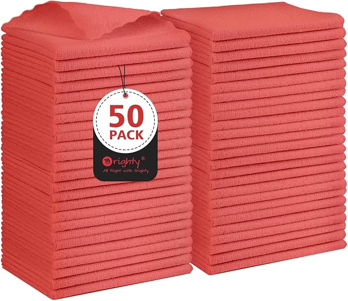 Orighty Cleaning Cloths, Shop Towels 50 Pack, Shop Rags Reusable, Microfiber Cleaning Rags Bulk for Cars, Multi-Purpose Lint Free Towels for Automotive, Mechanic, Kitchen, 11.5ââ x 11.5ââ, Red