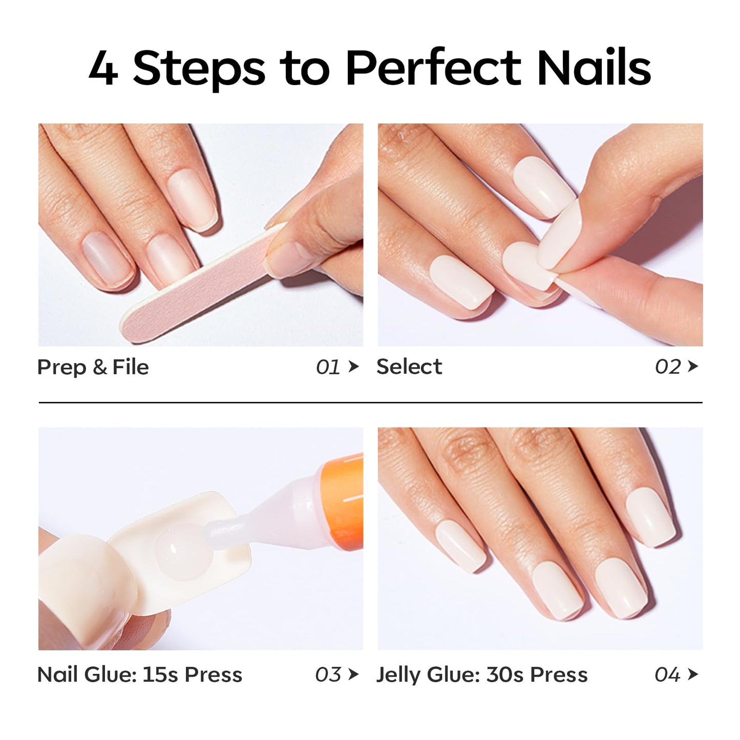 Modelones Extra Short Press on Nails, French Tips Squoval Fake Nails, Reusable Nail Kit with Nail Glue Adhesive Tabs Mini Nail File, Nails Press Ons 32Pcs 16 Sizes, White, Spring Women Girl Gift
