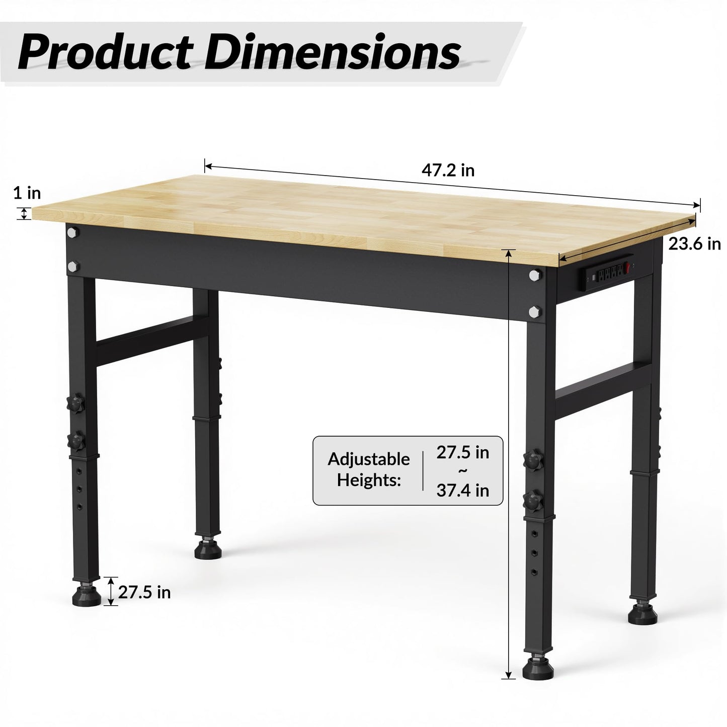 Anunweldo 47'' Adjustable Workbench, Heavy Duty Work Bench 2000 LBS Load Capacity, Wood Top Workbench with Power Outlet, Work Table for Garage, Workshop, Office, Home (47.2"x23.6"x39.4" / Rubber Pad)