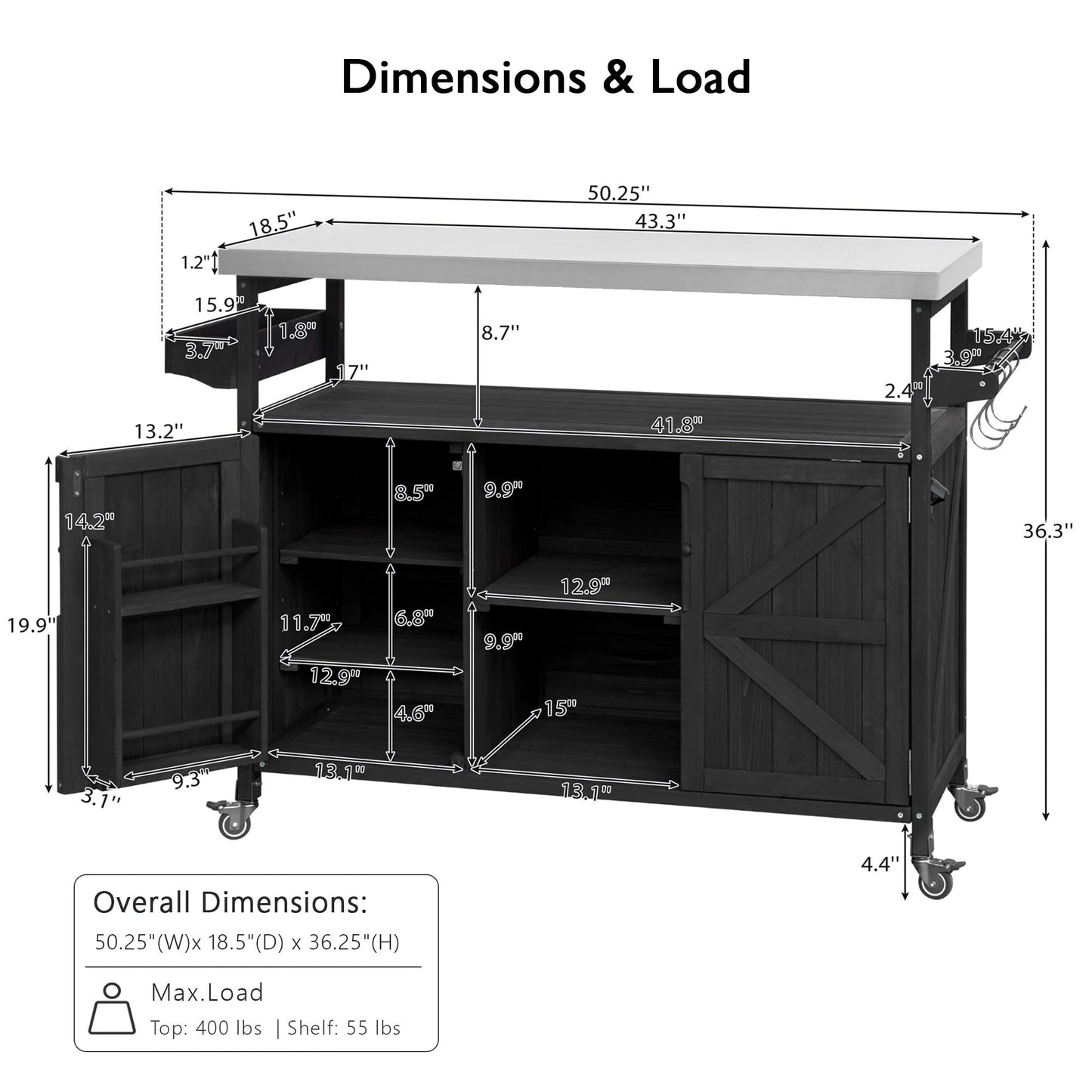 Outdoor Grill Cart with Storage, Farmhouse Outdoor Storage Cabinet with Stainless Steel Top, Wood Bar Patio Kitchen Island with Spice Rack, Towel Holder, Hooks & Locking Wheels for Patio BBQ(Black)